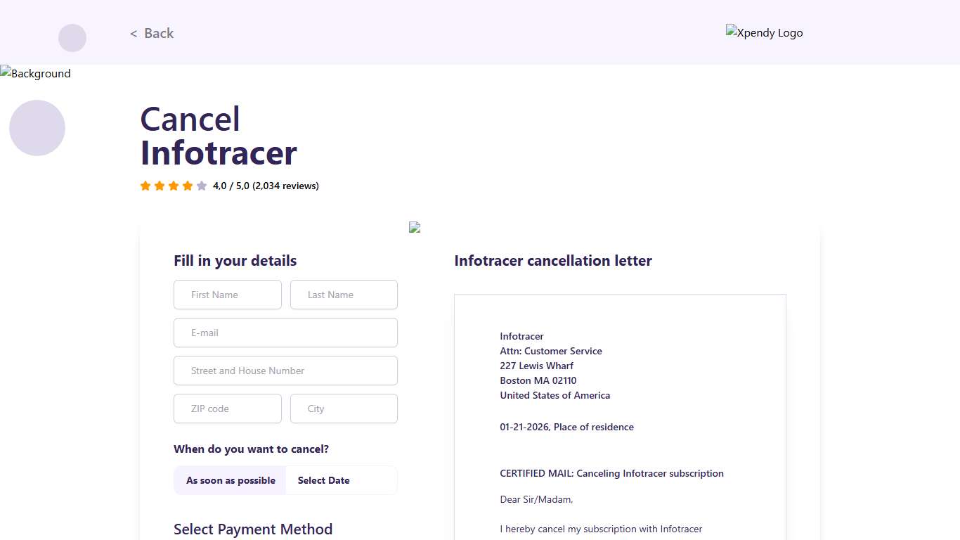 Cancel Infotracer within 2 minutes | Xpendy